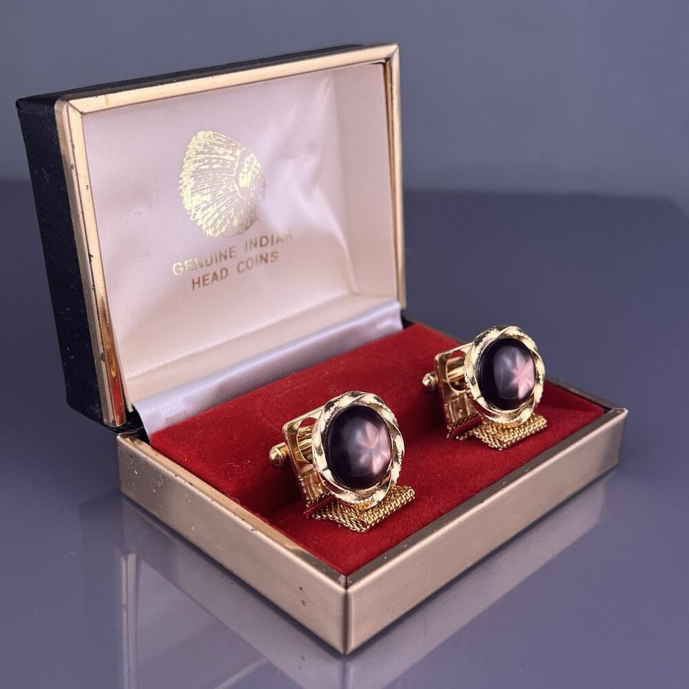 Brown Star Cabochon Rope Twist Wrap Around Cufflinks Gold Tone Round NOS Vintage